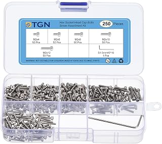 DTGN 250Pcs M2 Metric Screw Assortment, M2 Bolts Socket Head Screws, 304 Stainless Steel M2x4/6/8/10/12mm Hex Socket Head Cap Screws Bolt Set with Wrench for 3D Printing DIY
