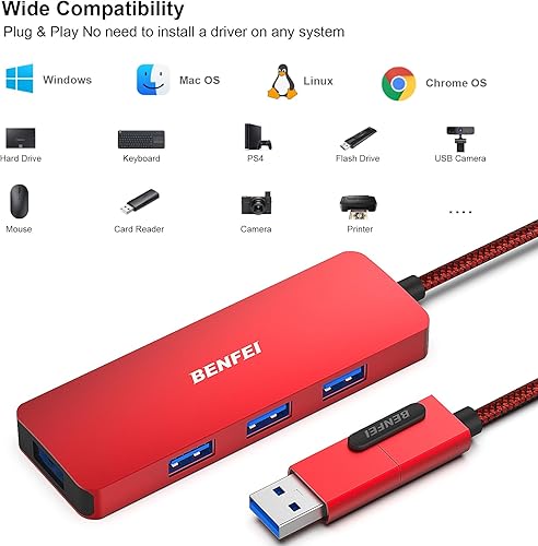 Miniatura 6 de BENFEI Hub USB 3.0, concentrador USB-C, concentrador USB tipo Atipo C 2 en 1 con 4 puertos USB 3.0 carcasa de aluminio, trenzado de nylon Compatible