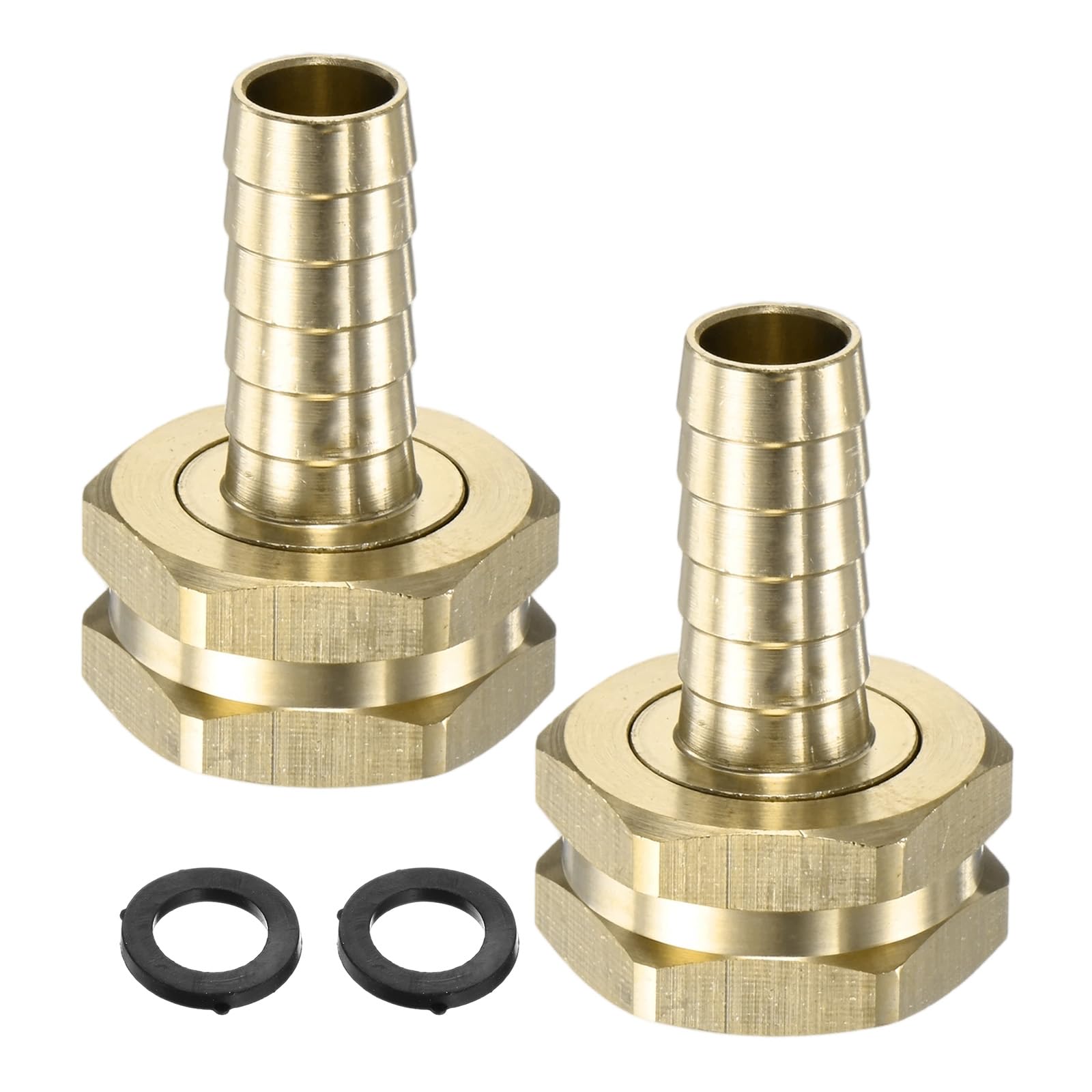 M METERXITY 2-Pack Brass Garden Hose Adapter Swivel Fitting, 1/2" Barb to 3/4" GHT Female Connector Swivel Hex Brass Garden Water Hose Pipe Connector with 2 Rubber Rings for Lawn/Boat