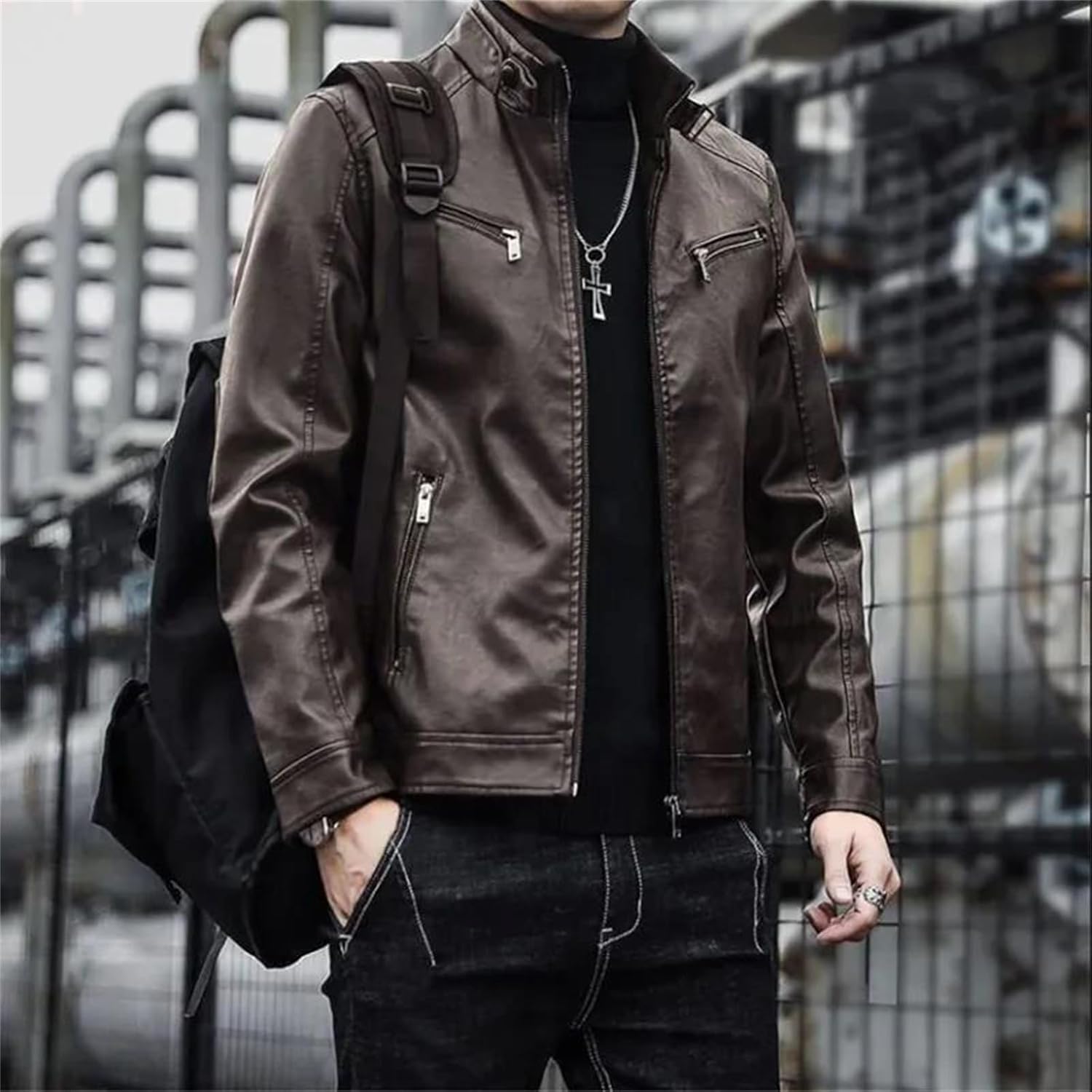 Men's Faux Leather Blazer Jacket Slim Fit Stand Collar Casual Business Coat With Pockets Motorcycle Jacket