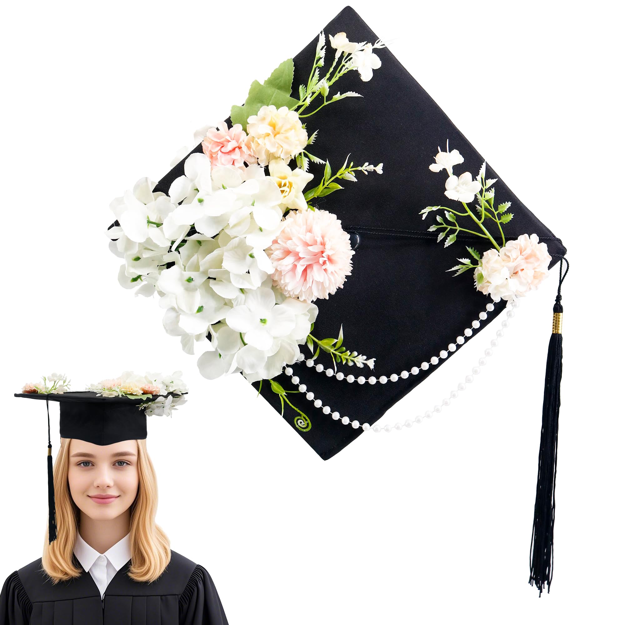 GraduationMall Graduation Cap with Decoration Kit Grad Cap Topper with Faux Flower Graduation Gifts for Adult White