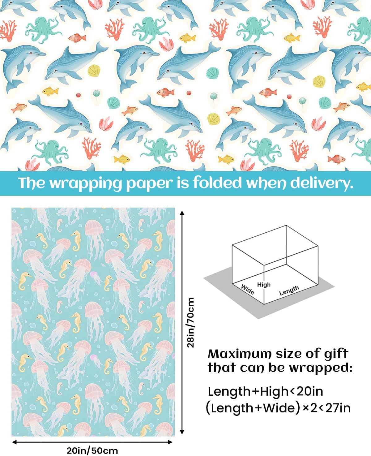 Ocean Birthday Wrapping Paper for Kids Boys Girls, 12 Sheets Cute Sea Animal Gift Wrap with Turtle Dolphin Jellyfish Seahorses, Under the Sea Theme for Baby Shower Summer Party Gifts Graduation, 19.7 x 27.6 Inch image 3