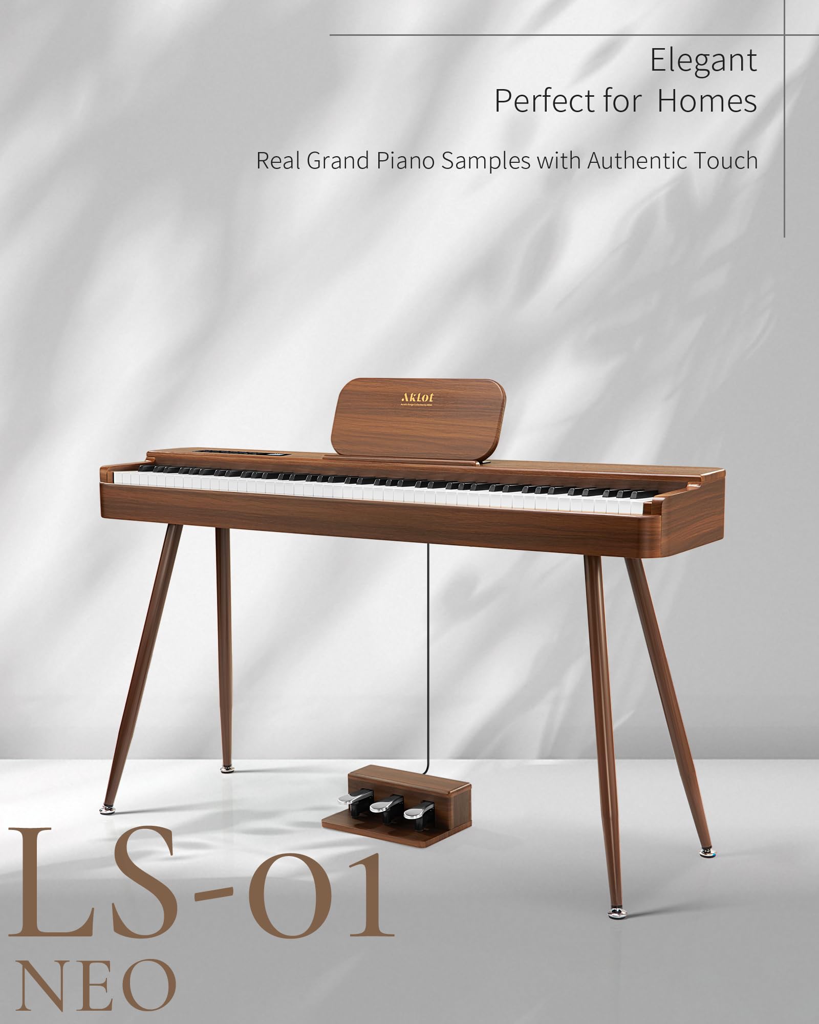 AKLOT Touchscreen Weighted Keyboard Piano: 88-Key Graded Hammer Action Digital Piano, Handcrafted Round-Edged Design, Triple Pedal, Stand, USB-MIDI, Headphone, Beginner Lesson Book (AUR-LS01 Walnut)