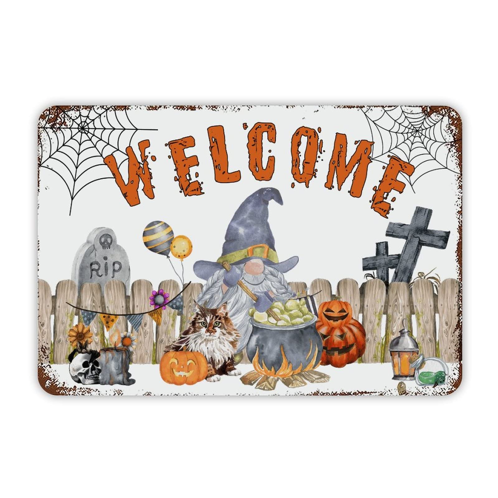 ENEDNATE Welcome Halloween Pumpkin Gnome Cat Aluminum Tin Metal Sign for Indoor Outdoor Business Retail Store Patio Yard Home Decoration Easy to Mount Wall Art Print Poster 8x12 Inch
