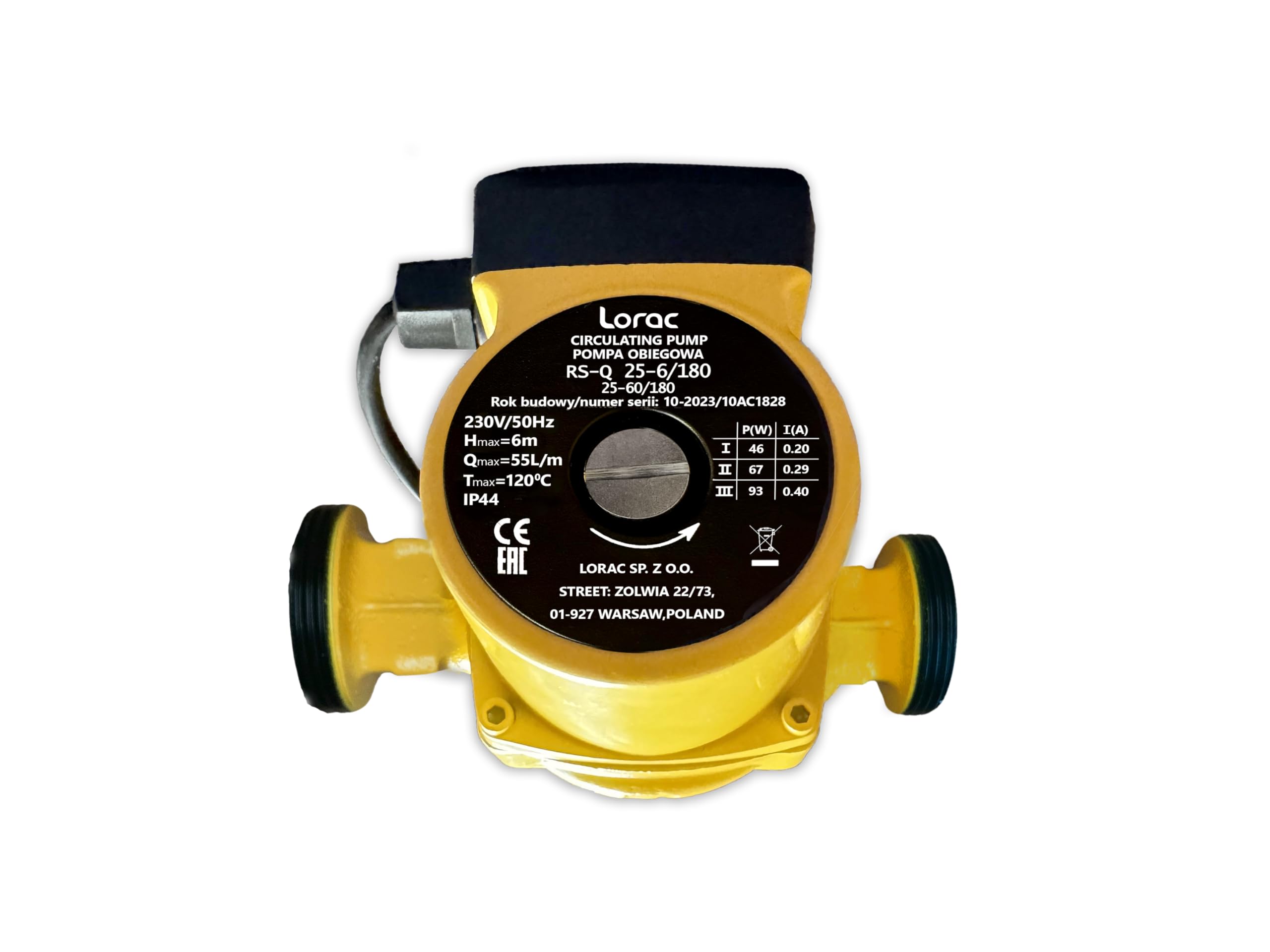LORAC | Pompe de circulation 220-240 V, 3 niveaux de puissance (46/67/93W), pour chauffage central, piscine, pompe à chaleur, système solaire, débit max 55 l/min, IP44, surpresseur pour eau chaude