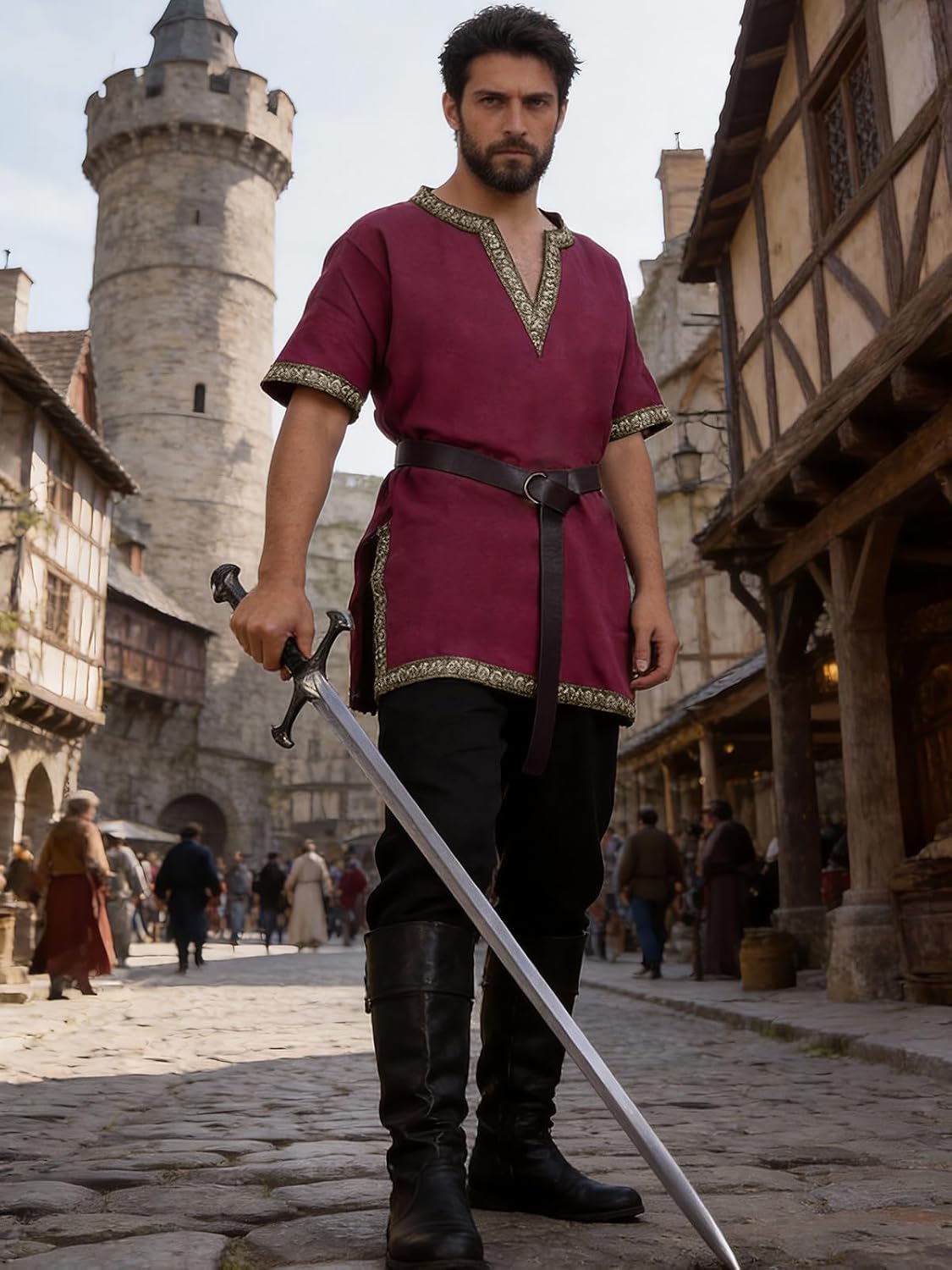 Renaissance Medieval Knight Costume for Men - 3PC Pirate Viking V-neck Tunic Set Halloween Cosplay Outfit - Image 5