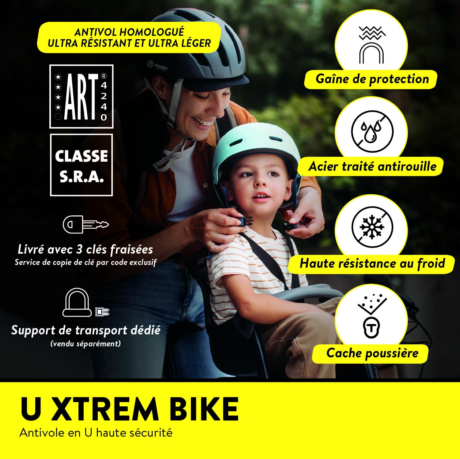 AUVRAY Antivol U Moto SRA XTREM Medium 85x250 mm – Haute Sécurité Double Verrouillage – Acier Cémenté 18 mm – Antivol Moto Scooter Homologué Assurance