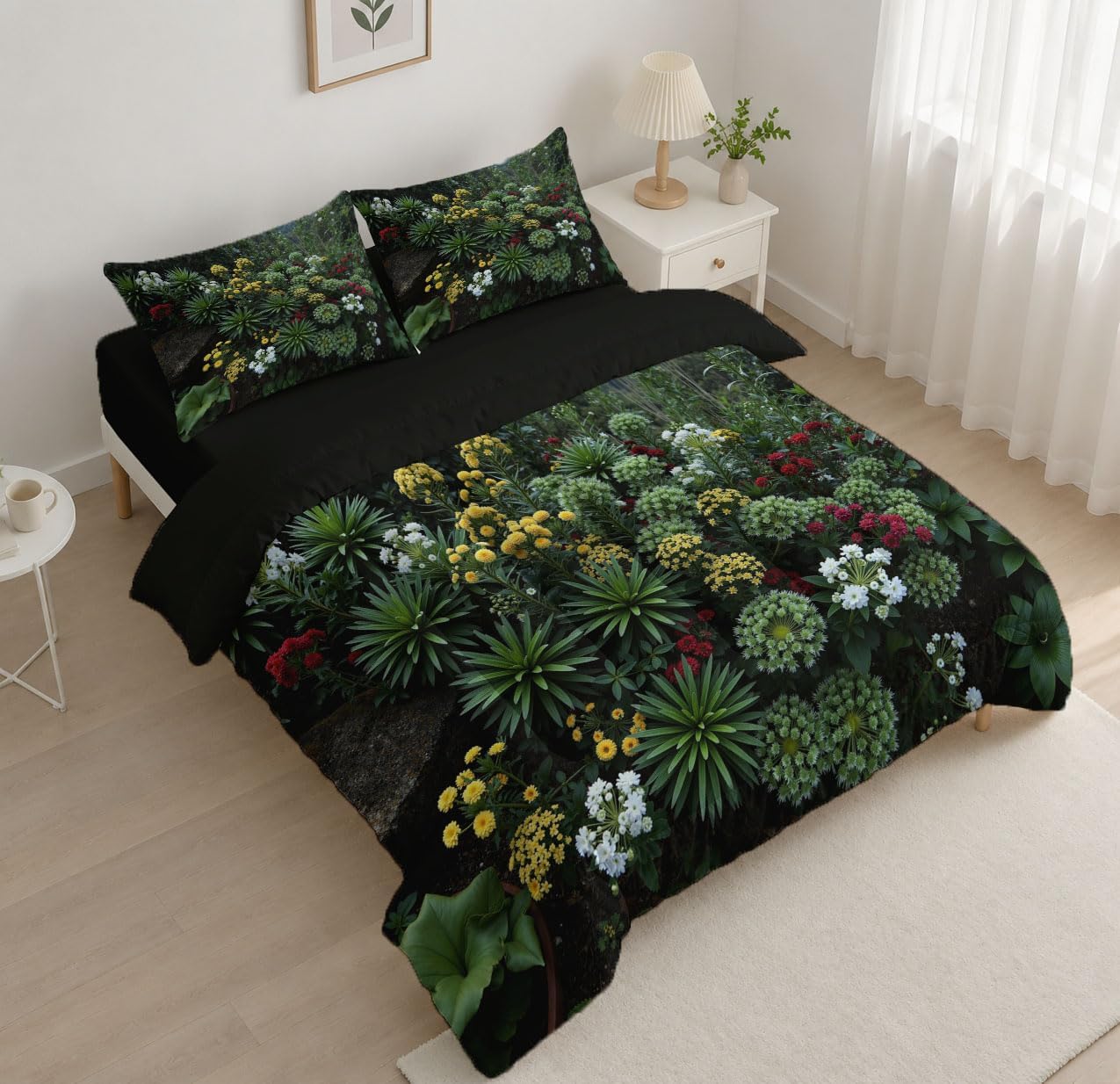 Plants and Flowers Comforter Set Twin Size, Rainforest Wildflowers Print Breathable Bedding Set for Girls Boys Teens, Dark Green Quilt Duvet with 2 Pillow Cases