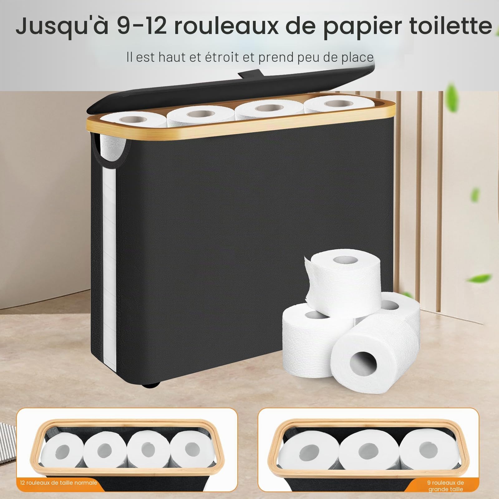 28L Rangement Papier Toilette pour 9-12Rouleaux, avec fenêtre Transparente, Couvercle et poignée, Réserves à Rouleaux de Panier Papier Toilette