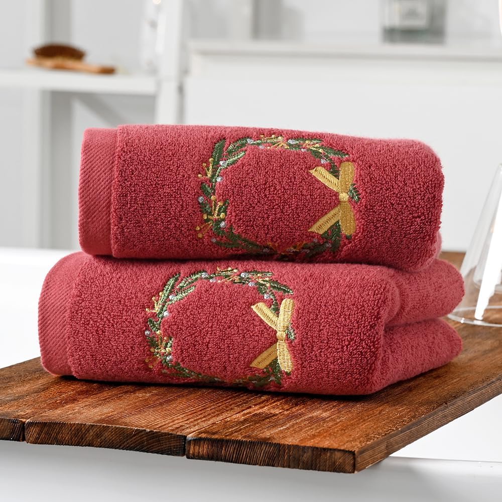 Red Hand Towel Set of 2 Christmas Wreath Embroidered Design Luxury Hand Towel for Bathroom Ultra Soft 100% Cotton Absorbent Winter Holiday Home Party Elegant Wreath Welcome Decor 13" X 29" - Image 4