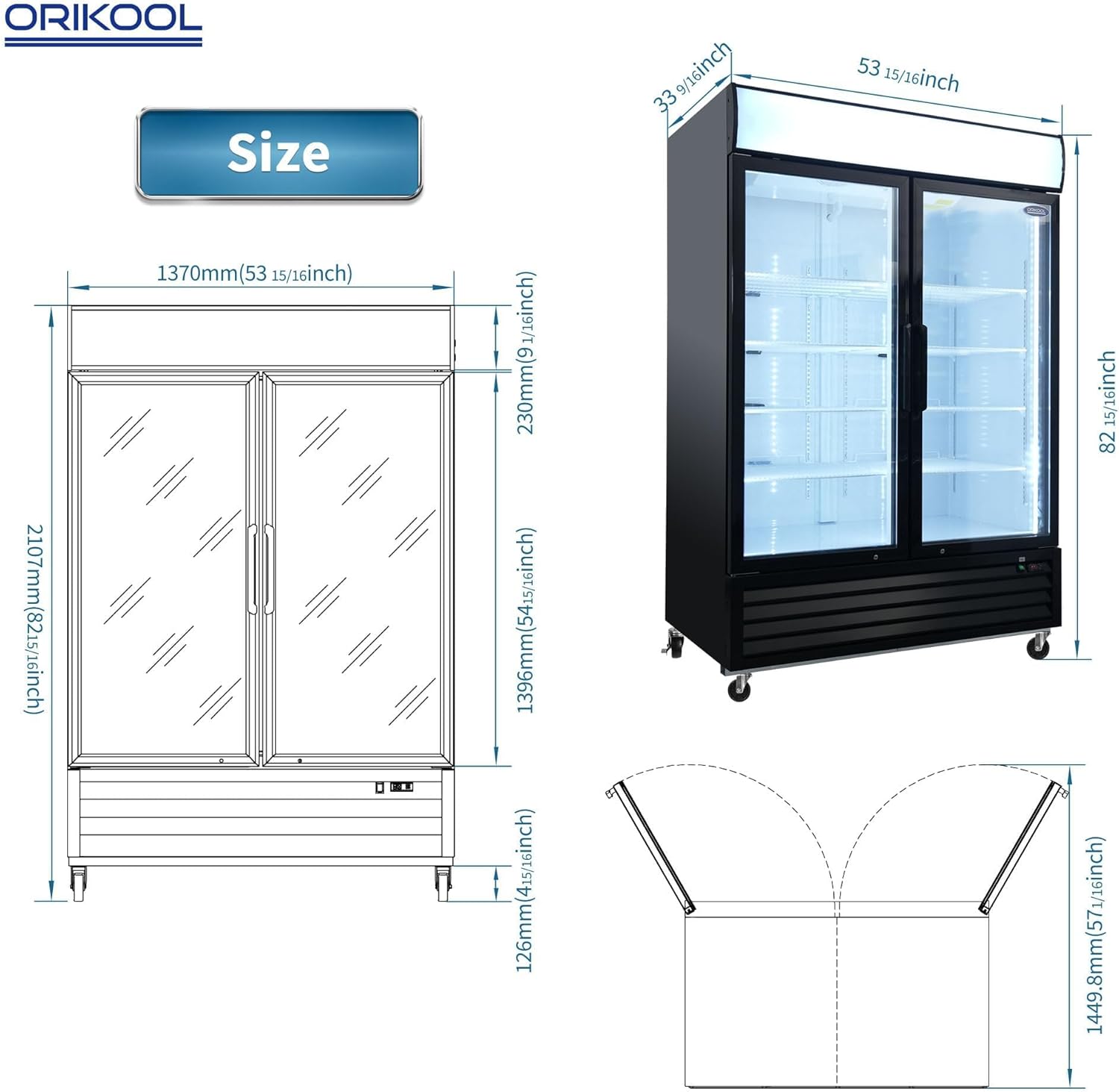 54" Commercial Upright Freezer with 2 Glass Door, 45 Cu.Ft Display Freezer Upright, -8~-1℉, Reach-in Fan Cooling Freezer with 8 Shelves & LED Top Panel for Restaurant Diner Bar, ETL Approved