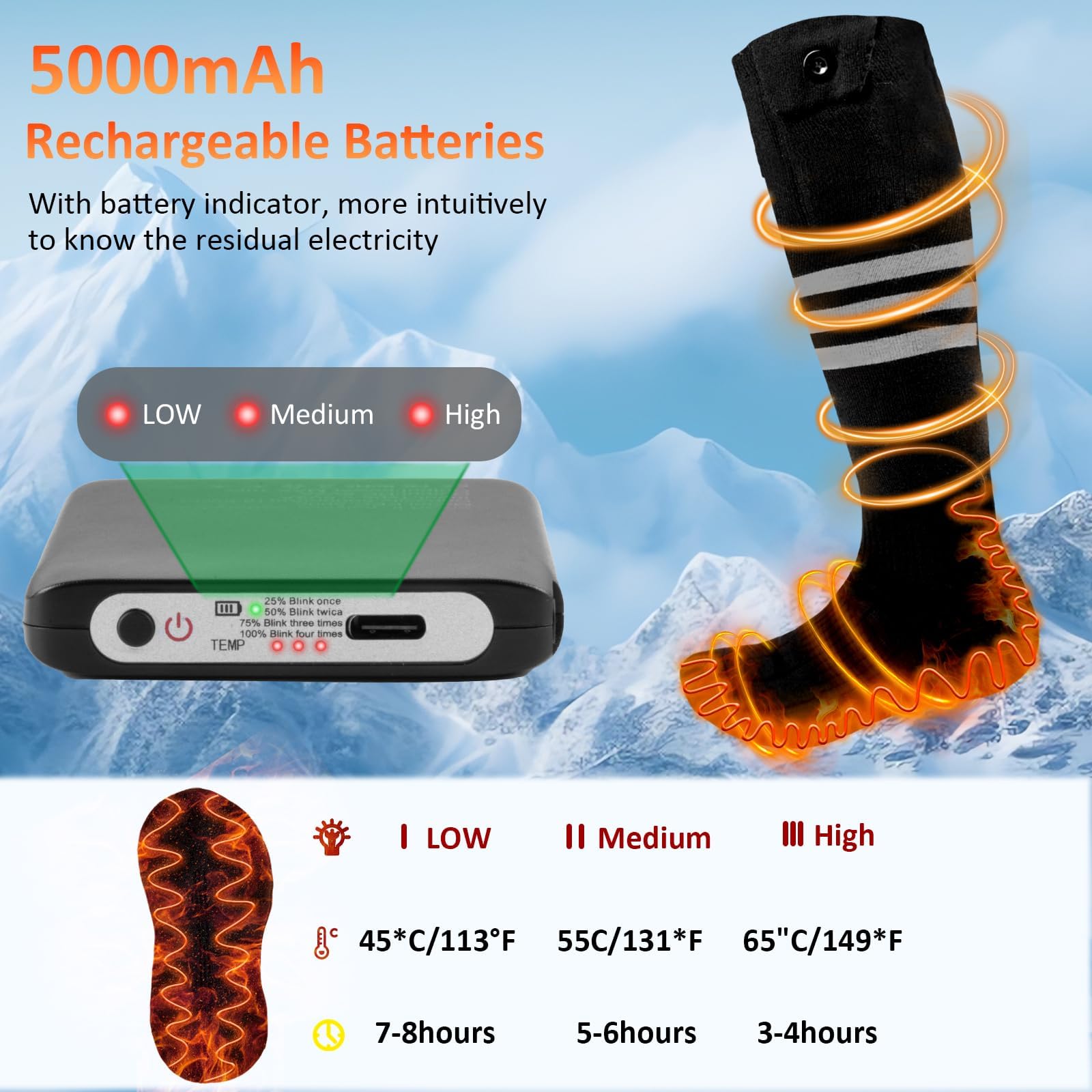 Heated Socks For Men & Women – Rechargeable 5V 5000mAh Battery, 4 Heat Levels For Winter Outdoor Activities