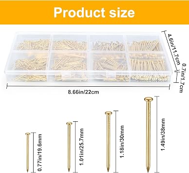 720 Pcs Assorted Nails for Wood, Flat Head Nails, Gold Hardware Wall Pictures Pins Tacks Set, Finishing Nail Assortment Fasteners for Hanging Picture Frame Mirror Construction