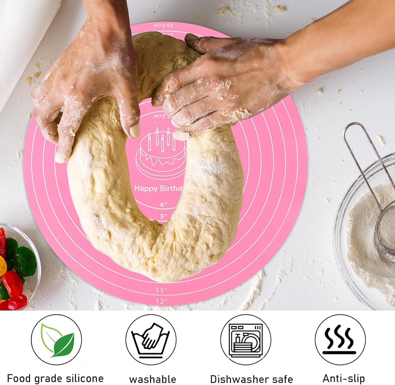 Xspring Silikon pişirme matı, yuvarlak ısıya dayanıklı silikon pişirme matı, yapışmaz yüzeyli, ölçü işaretli pasta matı, mutfak tezgahı ve pasta döner standı için ideal