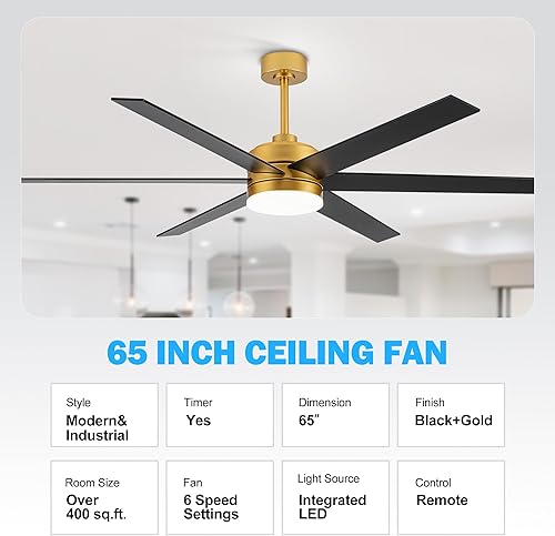Miniatura 5 de Ventiladores de techo de 65 pulgadas con control remoto de luces, 6 hojas, motor CC reversible, 6 velocidades, montaje en barra descendente,
