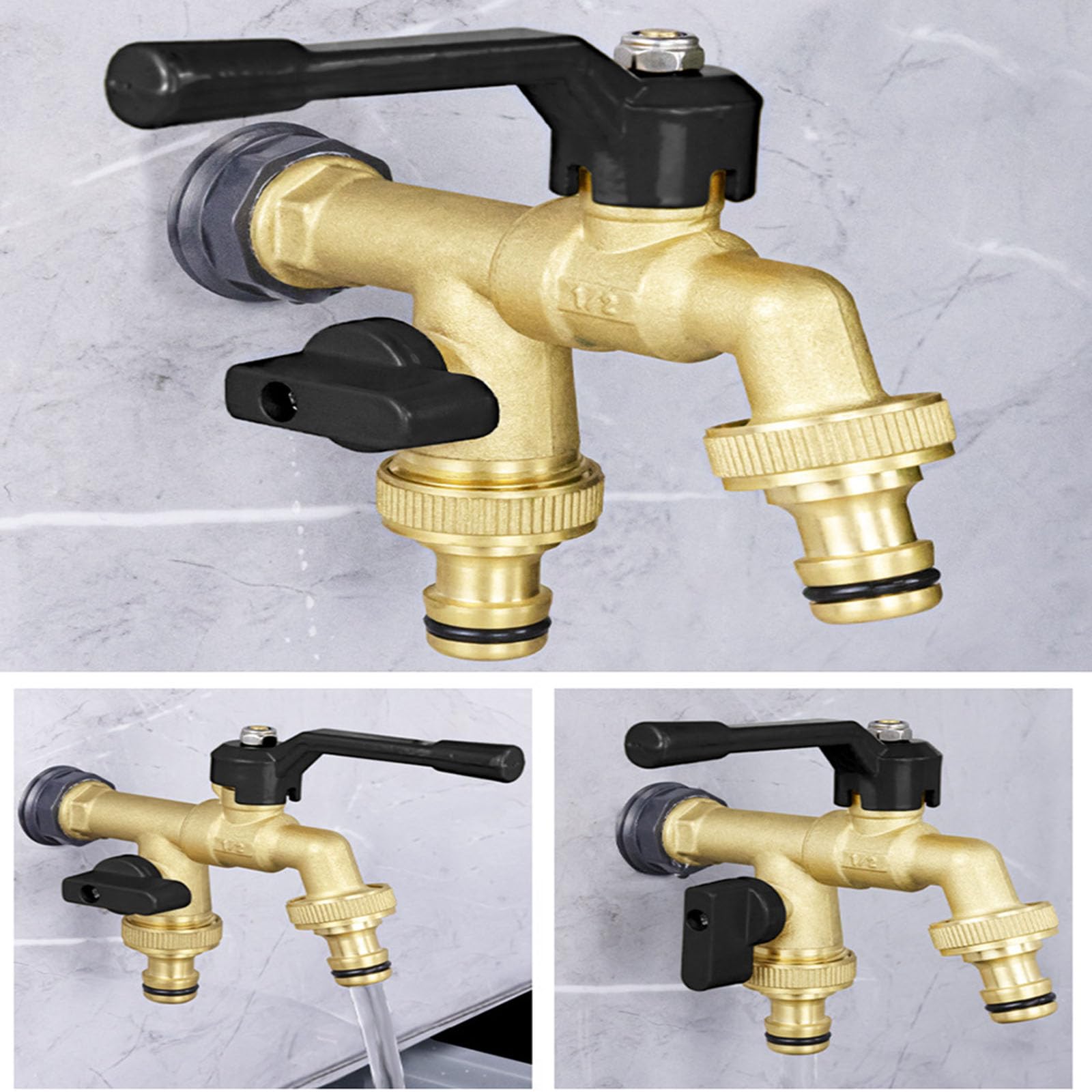 Rubinetto da esterno antiruggine e antigelo, Rubinetto a sfera in ottone a doppia uscita for giardino e esterni con ingresso da 1/2" uscite 3/4"