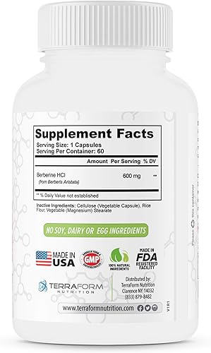 Miniatura 4 de Suplemento de berberina – 1200 mg de concentración máxima de Berberina HCl por porción – Berberina pura – 60 cápsulas, 600 mg cada una – 1 mes de