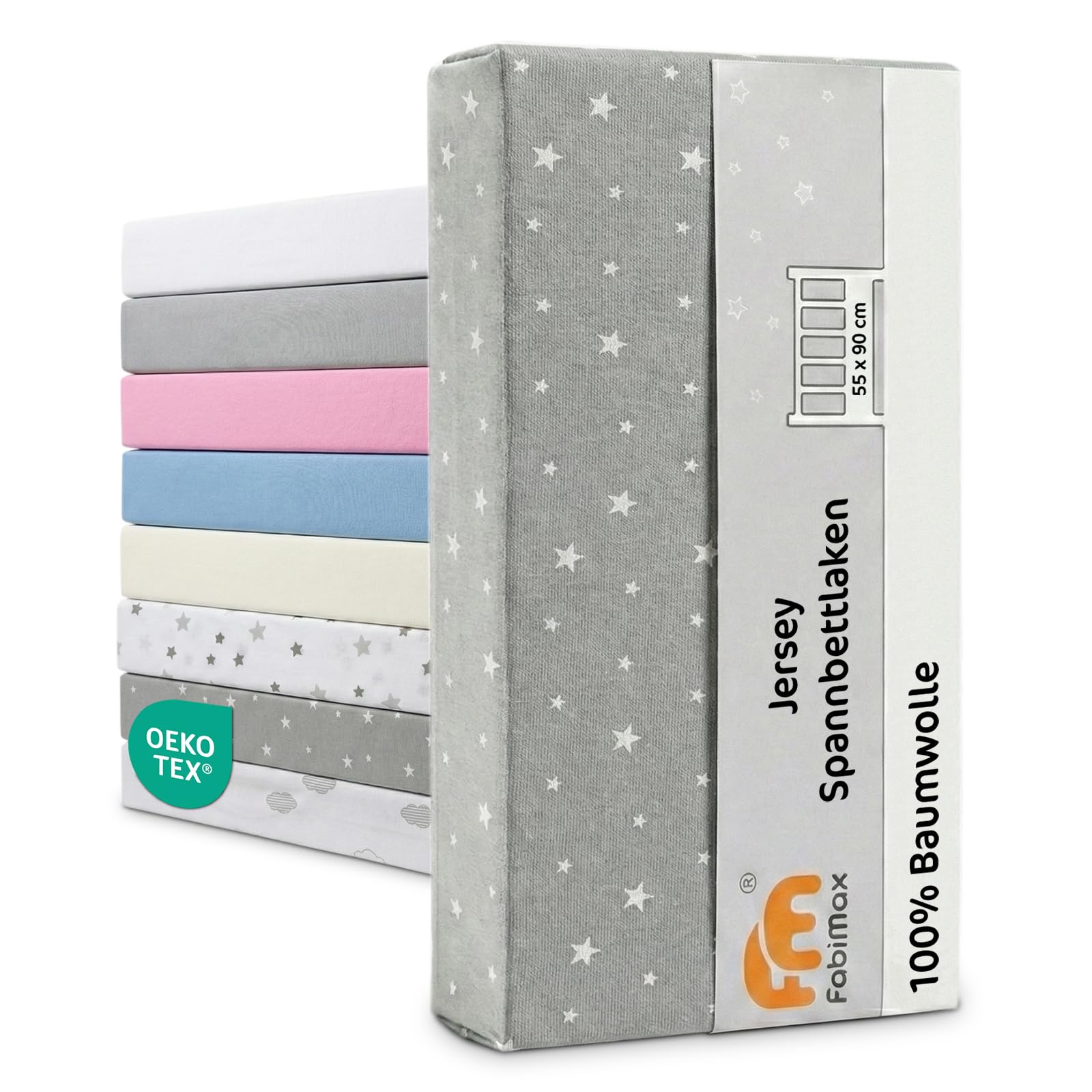 FabiMax Jersey Spannbettlaken für Beistellbett und Wiege, 55 x 90 cm, grau/weiße Sterne