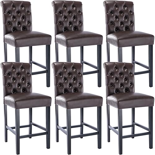 Janoray PU Counter Height Bar Stools Set of 6 Button Tufted Counter Stool with Black Solid Wood Legs Modern Bar Chairs for Kitchen, Dining Room, Home Bar- Coffee