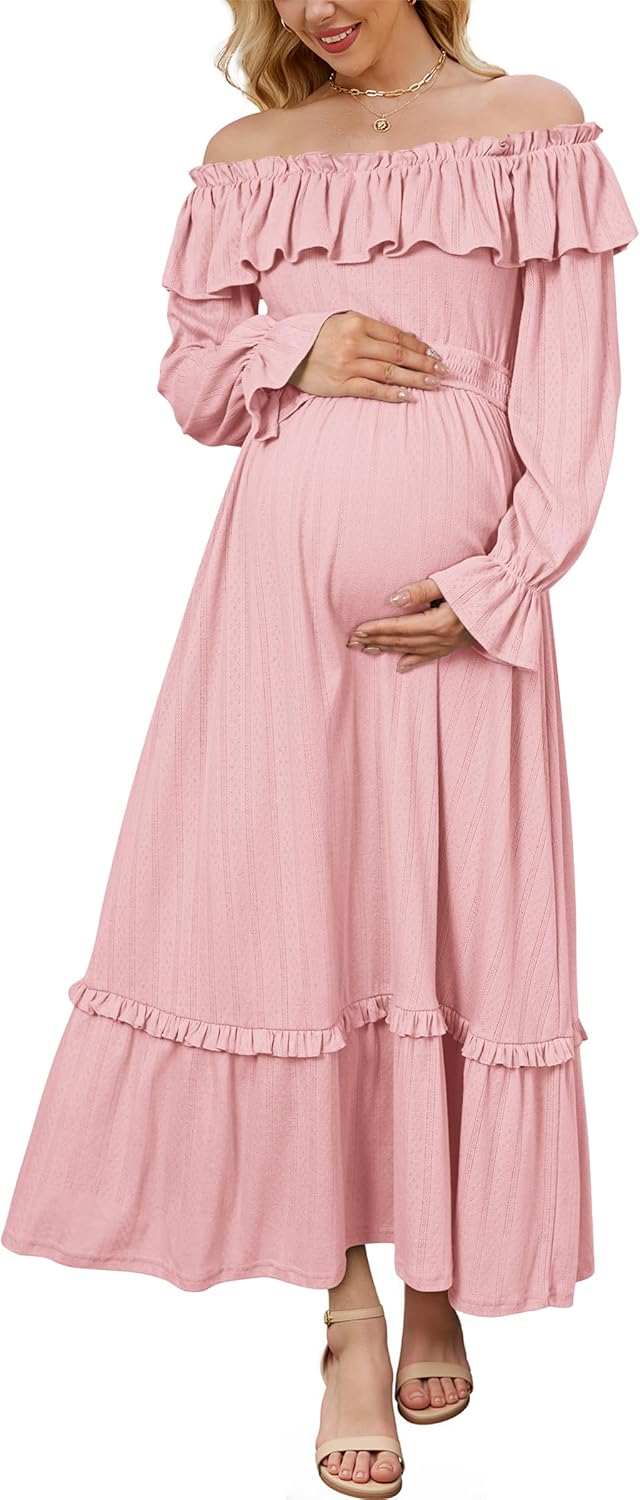 OUGES Women's Cotton Blend Off Shoulder Maternity Dress for Photoshoot Puff Sleeve Ruffle Baby Shower Maxi Dresses