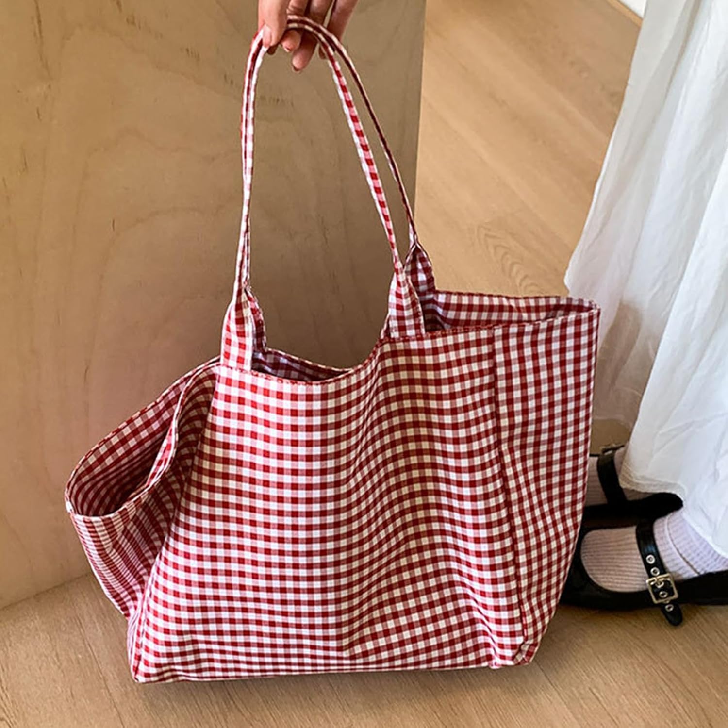 Canvas Tote Bag for Women, Checkered Shoulder Bag,Perfect for Travel, Weekend Getaway Reusable Shopping Bag