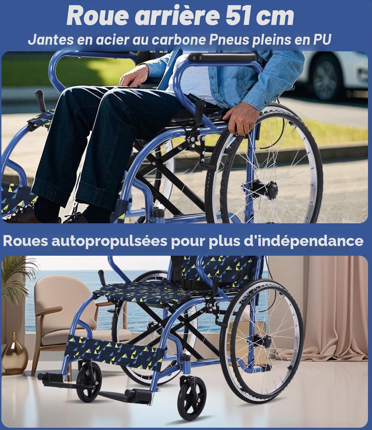 Fauteuil roulant pliable, léger, jusqu'à 120 kg, double frein, 12,5 kg, auto-propulsion, personnes âgées, roue arrière 50 cm anti-crevaison
