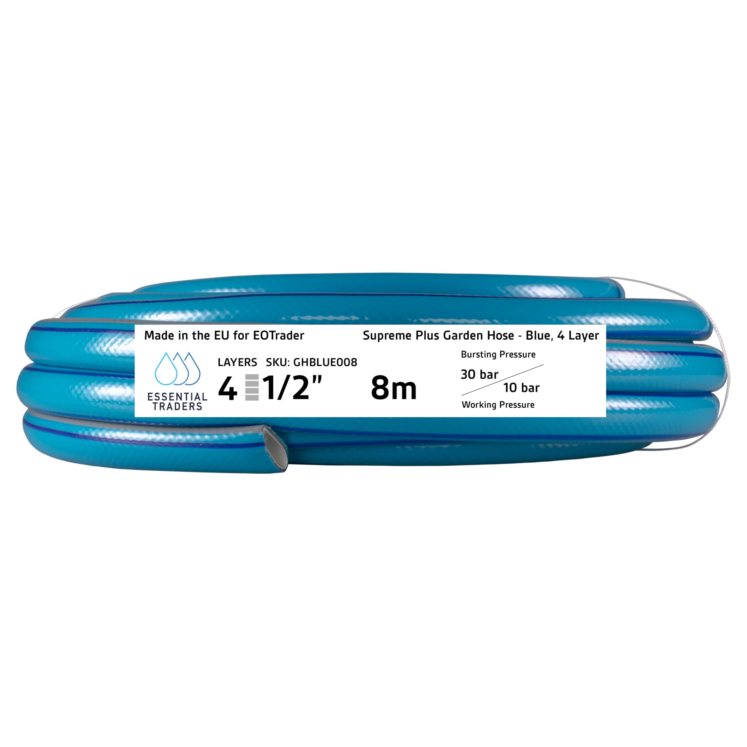 Blue & Grey 4-Layer Reinforced Garden Hosepipe – 1/2" Heavy-Duty, Kink Resistant, UV-Resistant, Flexible Water Hose with Anti-Leak Technology for Garden, Lawn, Patio, Car Wash & Outdoor Cleaning (8m)