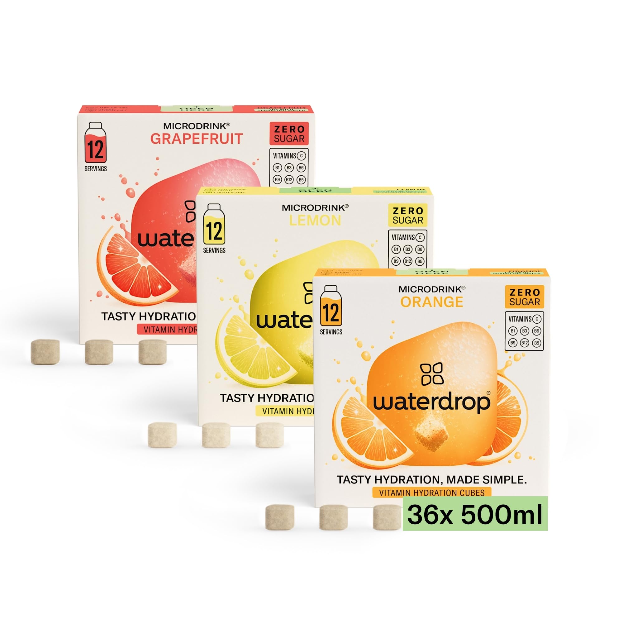 waterdrop® Set Microdrink, ARANCIA, LIMONE e POMPELMO, 36 cubetti effervescenti senza zucchero per aromatizzare l'acqua, Estratti di frutta e piante, Acqua Aromatizzata, infusione a freddo