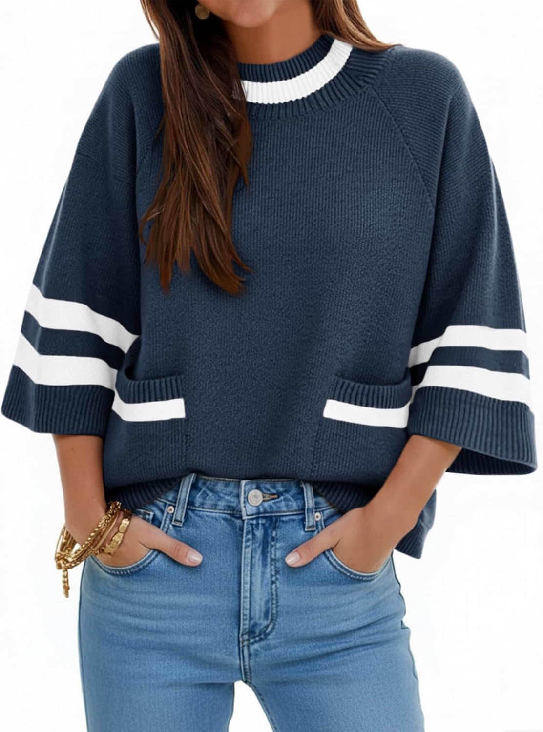 Cicy Bell Womens Oversized Sweater 3/4 Sleeve Mock Neck Color Block Chunky Knit Sweaters Casual Fall Pullover Tops