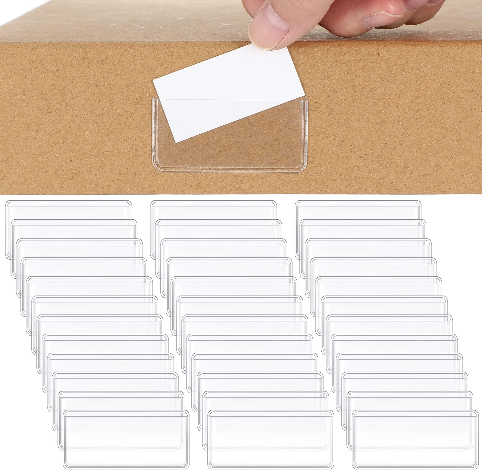 Jeyiour 100 Pcs Label Holders Adhesive Label Pockets Mailbox Label Shelf Plastic Peel Stick Tag Clear Long Side Open Price Tag for Supermarket Bookshelf Library Business Student (2 x 1 Inch)