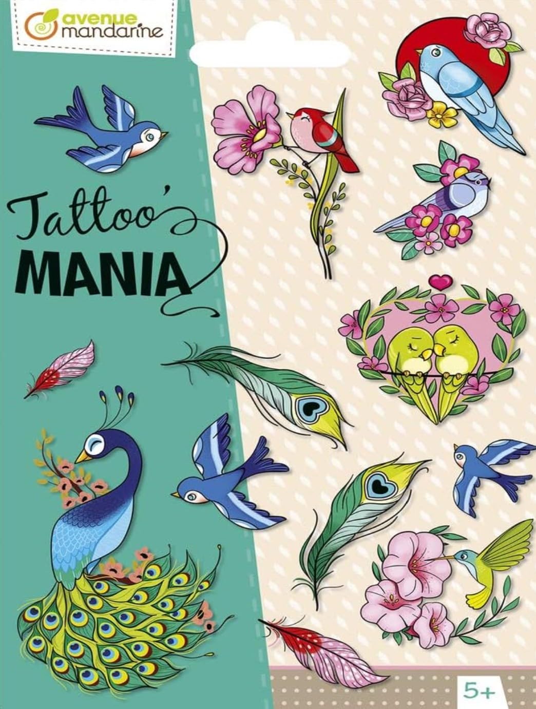 Avenue Mandarine CC055C - TATTOO'MANIA - 1 sheet 10.5x16 cm of 13 TATTOOs - From 5 years - BIRDS THEME - Children's Creative and Leisure Activity - DIY