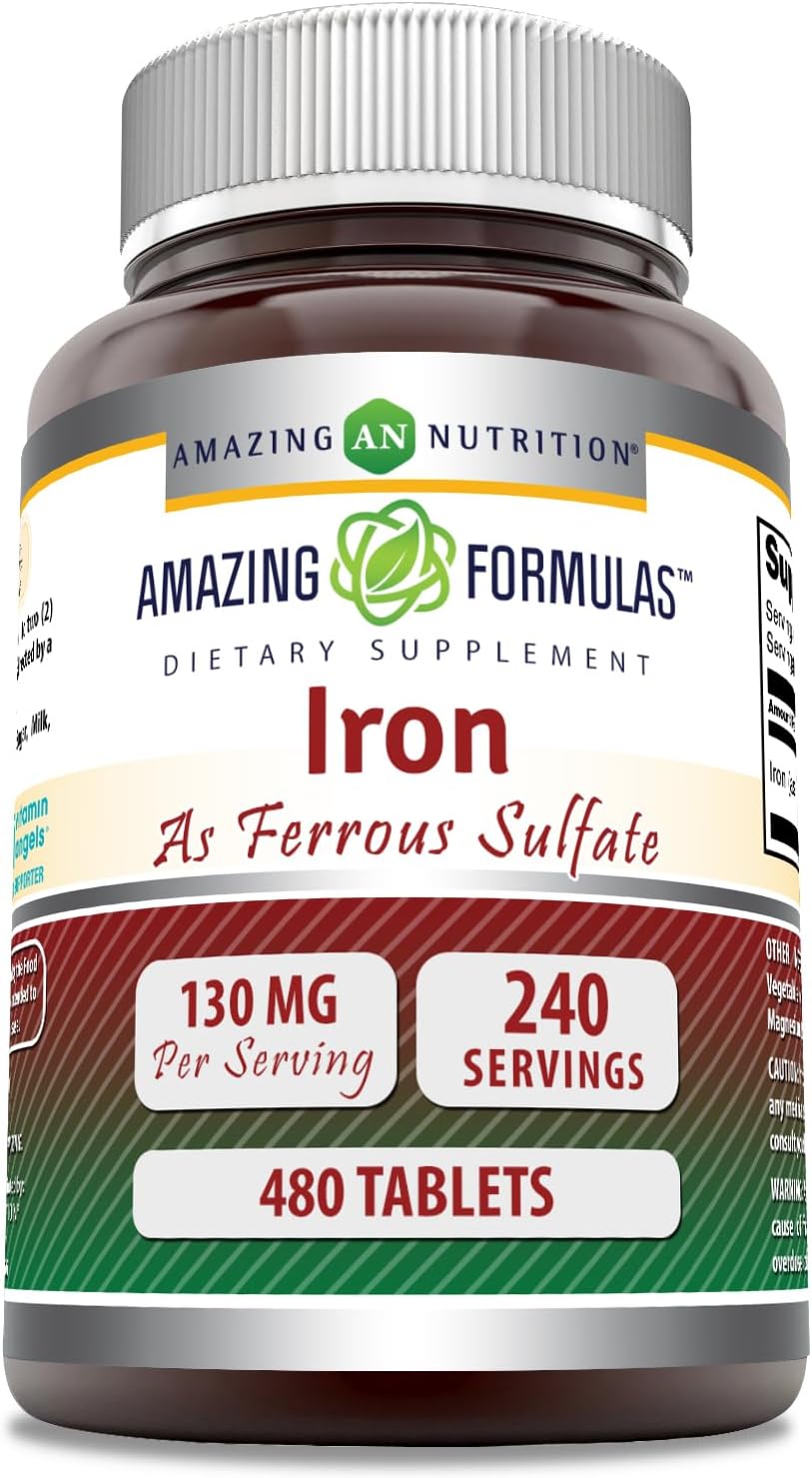 Amazing Formulas Iron as Ferrous Sulfate Supplement | 130 Mg | Tablets | Non-GMO | Gluten Free | Made in USA (480 Count)