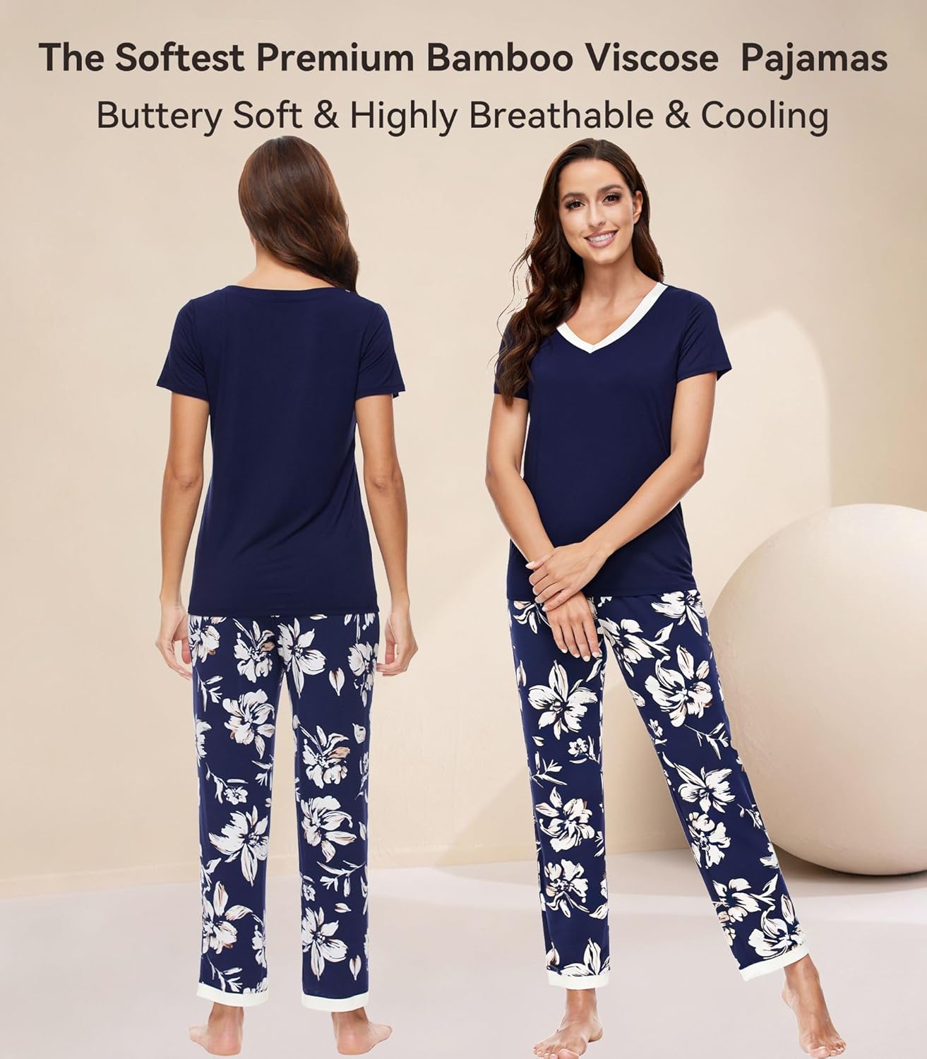 WiWi Womens Viscose from Bamboo Pajamas Set Short Sleeve Top with Pants Pjs Soft V Neck Sleepwear Lightweight Loungewear S-3X - Image 3