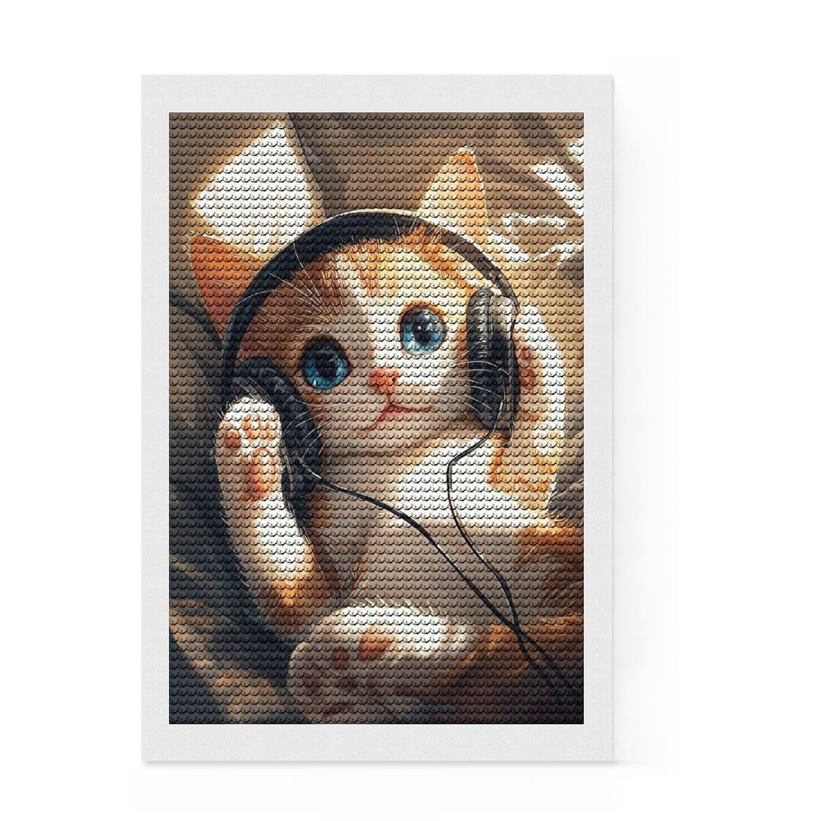 Junmoney Cute Cat with Headphones Crystal Diamond Art Kit 8"x12", Round Gems, Modern Decor, Artistic Hobby, Vintage Style Decor, Festive Craft Gift