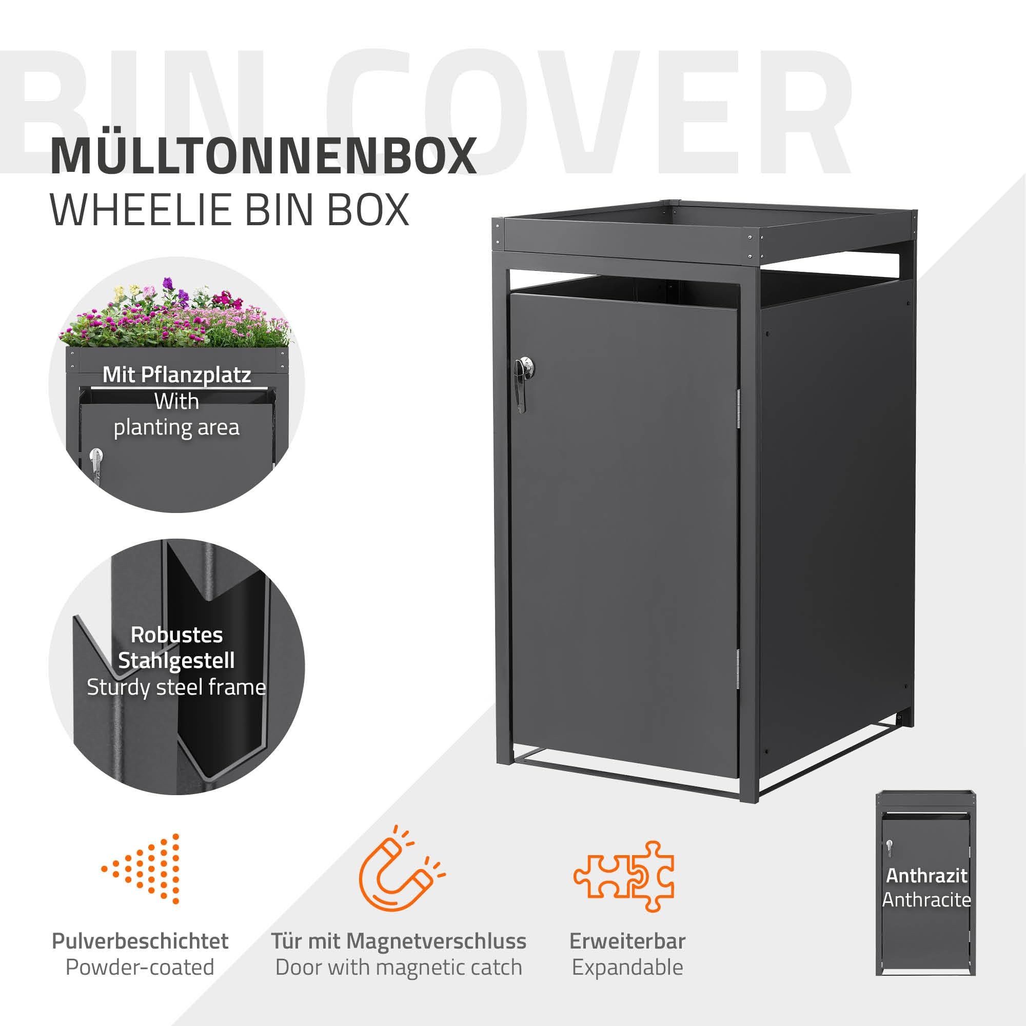 ML-Design Abri pour 1 Poubelle 240L, 68x80x124cm, en Acier, Anthracite, avec Porte à Poignées et 2 Clés, avec Jardinière, Conteneur Extérieur, Moderne, Résistant aux Intempéries, Habillage de Poubelle