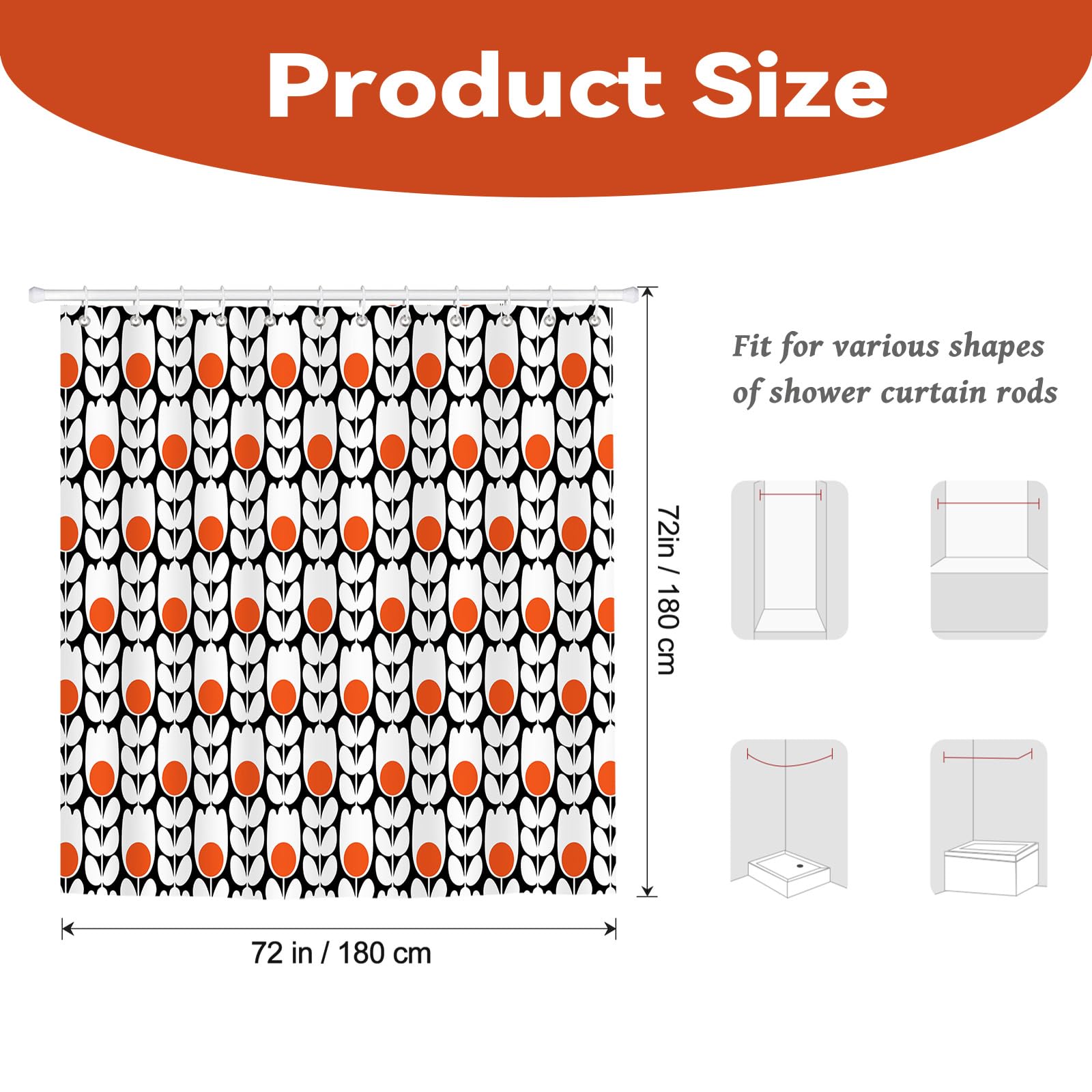 BREASOME Orange Floral Shower Curtain 180 x 180 cm for Bathroom Decor Mould Proof Waterproof Polyester Fabric Bath Curtain with 12 Hooks - Image 2