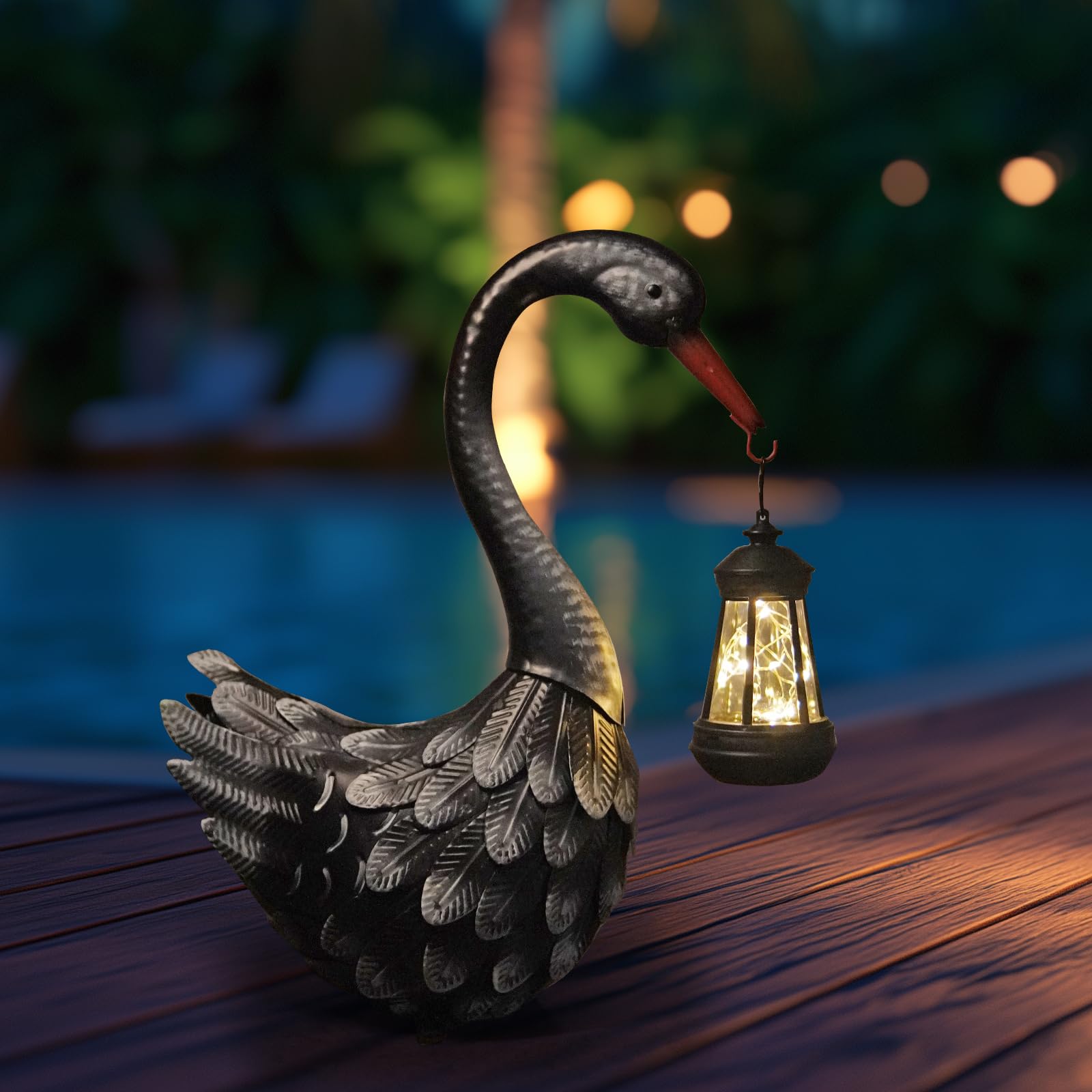 HONGLAND Estatua solar de jardín al aire libre, decoración de cisne, decoración de pájaros, adorno de césped para patio, porche, piscina (negro)