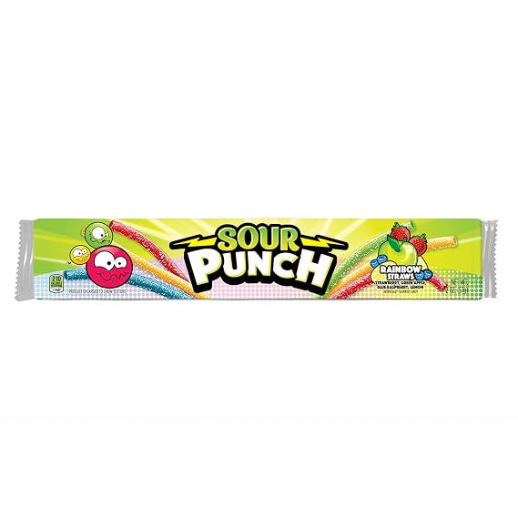 Sour Punch Straws, Rainbow Fruit Flavors, Chewy Sweet & Sour Candy, 2oz Tray (24 Pack)
