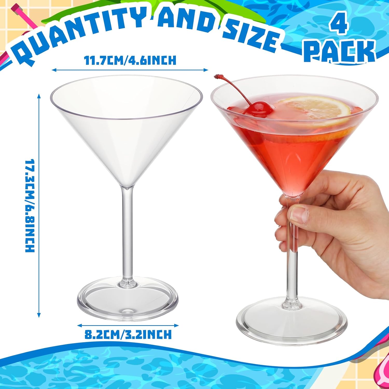 Remerry 4 Set Floating Wine Glasses for Pool Floating - Martini Cocktail Wine Glasses Shatterproof Poolside Float Cup - Bpa-free Tub Summer Party Favor Pool Decorations Outdoor Clear Glass