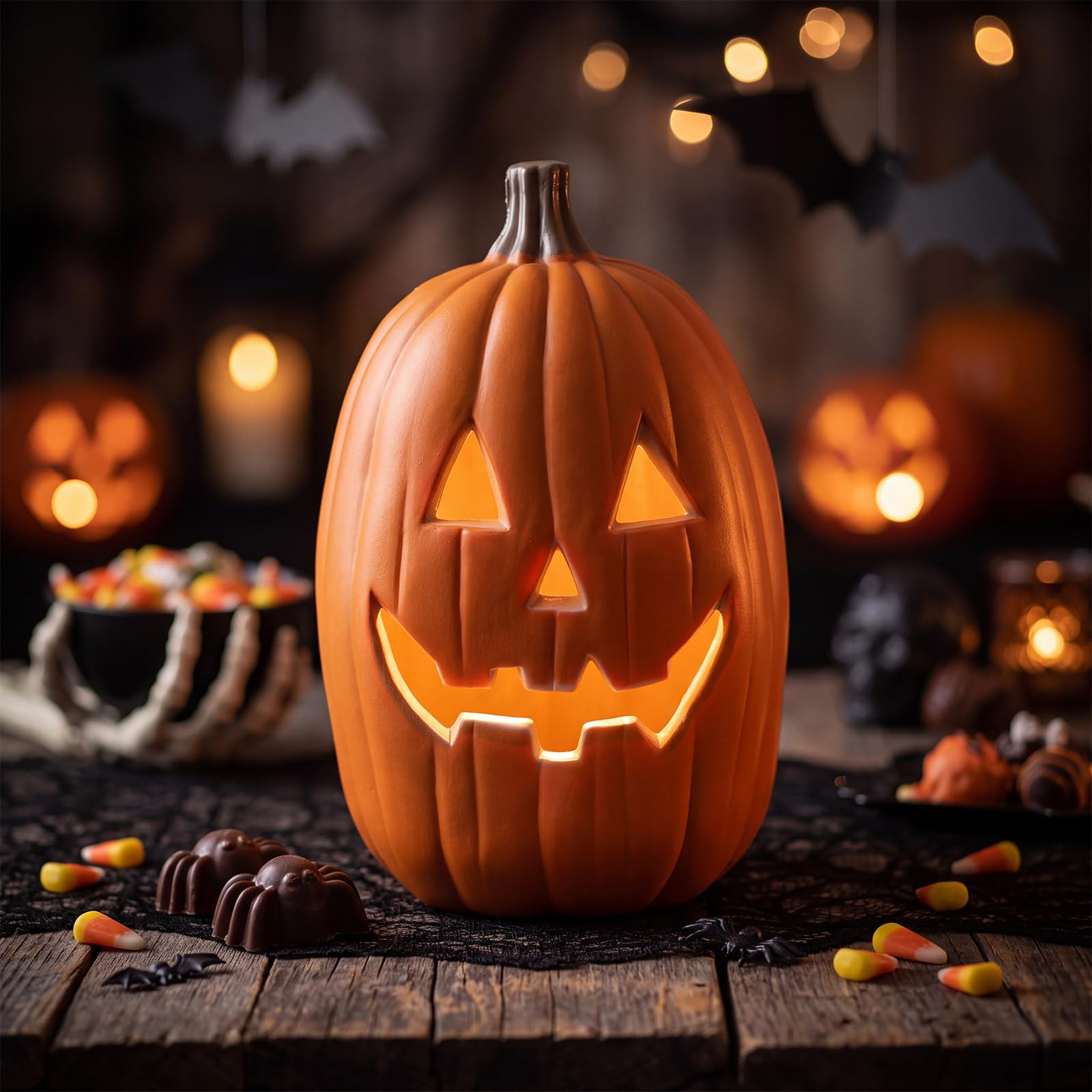 Huquary Lanterna a forma di zucca di Halloween, 40,6 cm, in plastica, con illuminazione a forma di zucca con LED spettrale, decorazione per Halloween, Ringraziamento, autunno, da tavolo, comodino