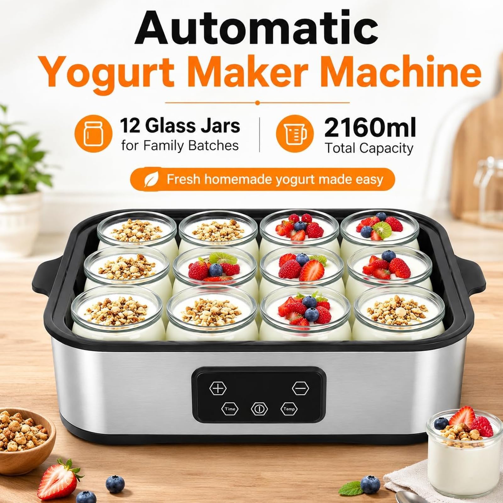 Máquina automática de Yogur con Pantalla LED y 12 tarros, yogurtera eléctrica de 2160 ml, Control de Tiempo y Temperatura Ajustable de 48 Horas, para postres caseros orgánicos