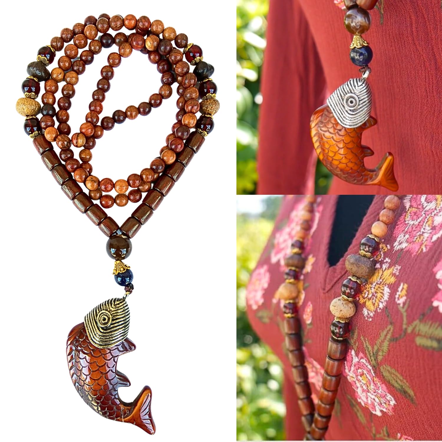 Collar con cuentas bohemias para mujer con colgante largo de madera para mujer, collar de madera de DREMINOVA, Madera, Cuentas,