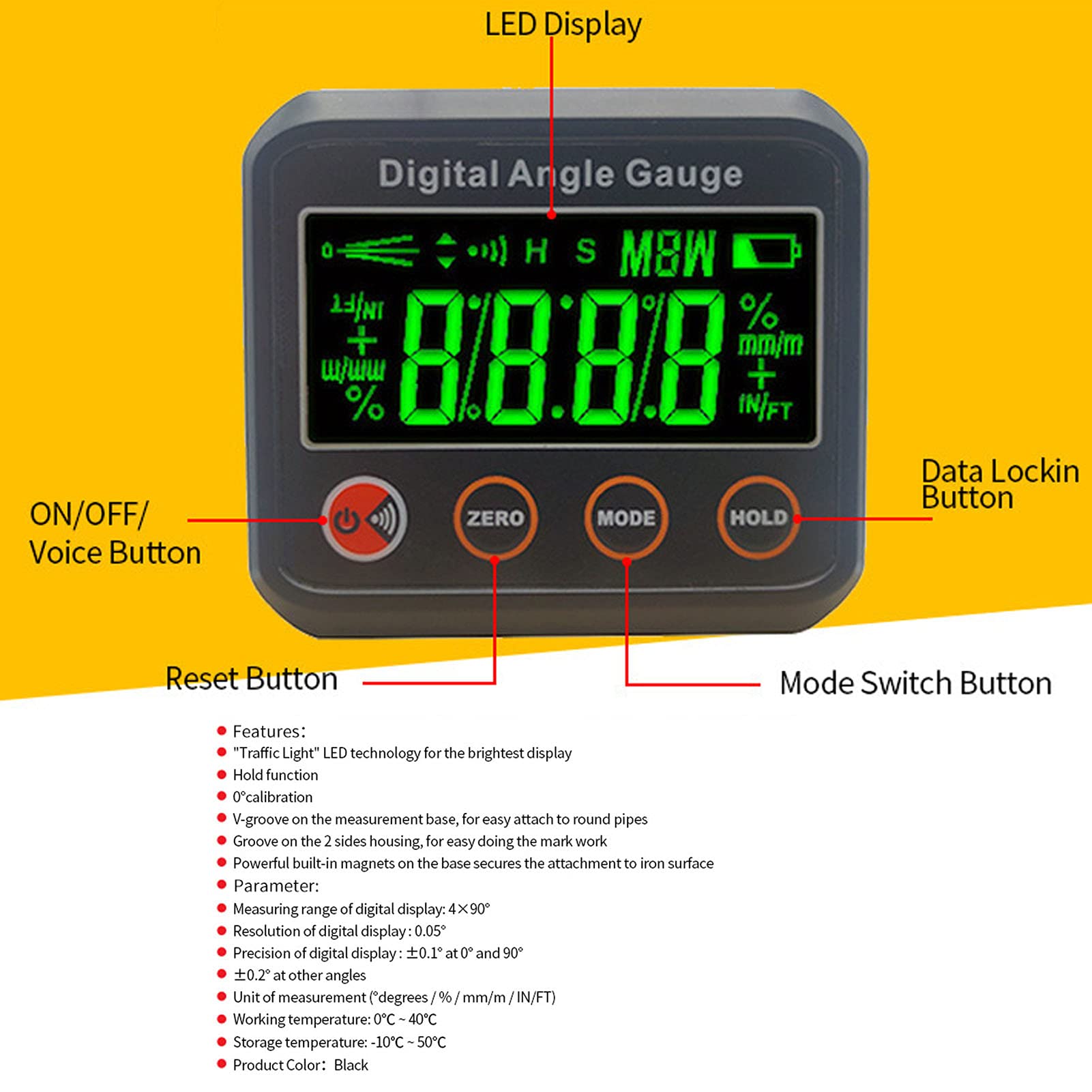 Medidor de ángulo multifuncional de precisión del ángulo digital con pantalla LED, lectura automática, retención de datos, calibración, baja alerta de batería y surcos para marcar