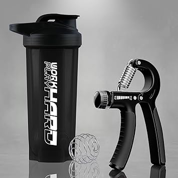 Cool india Gym shaker Bottle 500 ML With Hand Exerciser Gripper, 10 to 40kg (BLUE & GREY) (Black)