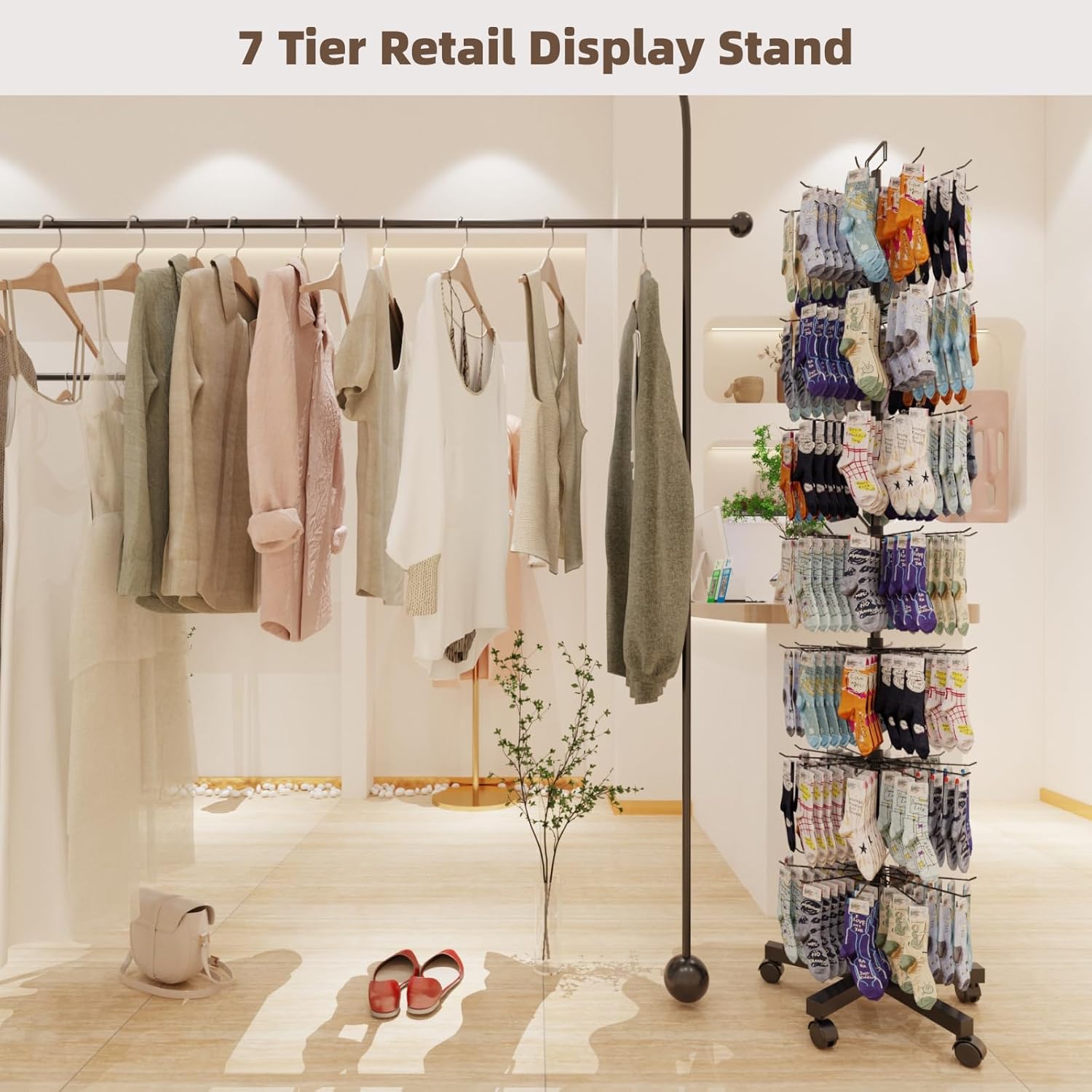 Upgraded Retail Display Stand 7 Tier Spinning Display Stand, Movable Shop Spinner Rack with Hooks, Retail Display Racks for Jewelry Keyring Hats Socks Toys (Black) - Image 5