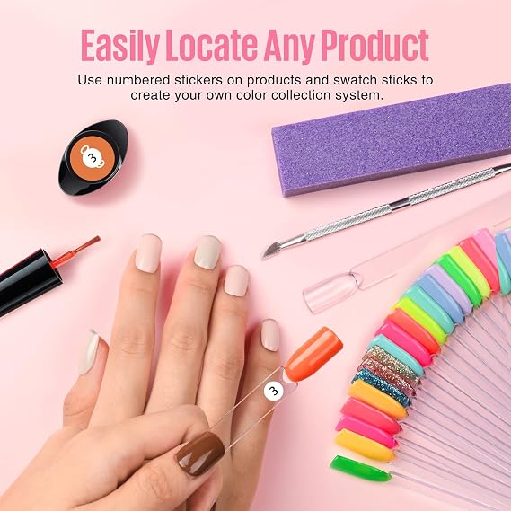 MEFA 100 Pcs Clear Nail Swatch Sticks with Ring and Number Tips، False Nail Sample Sticks for Nail Art Polish Color Practice عرض على شكل مروحة