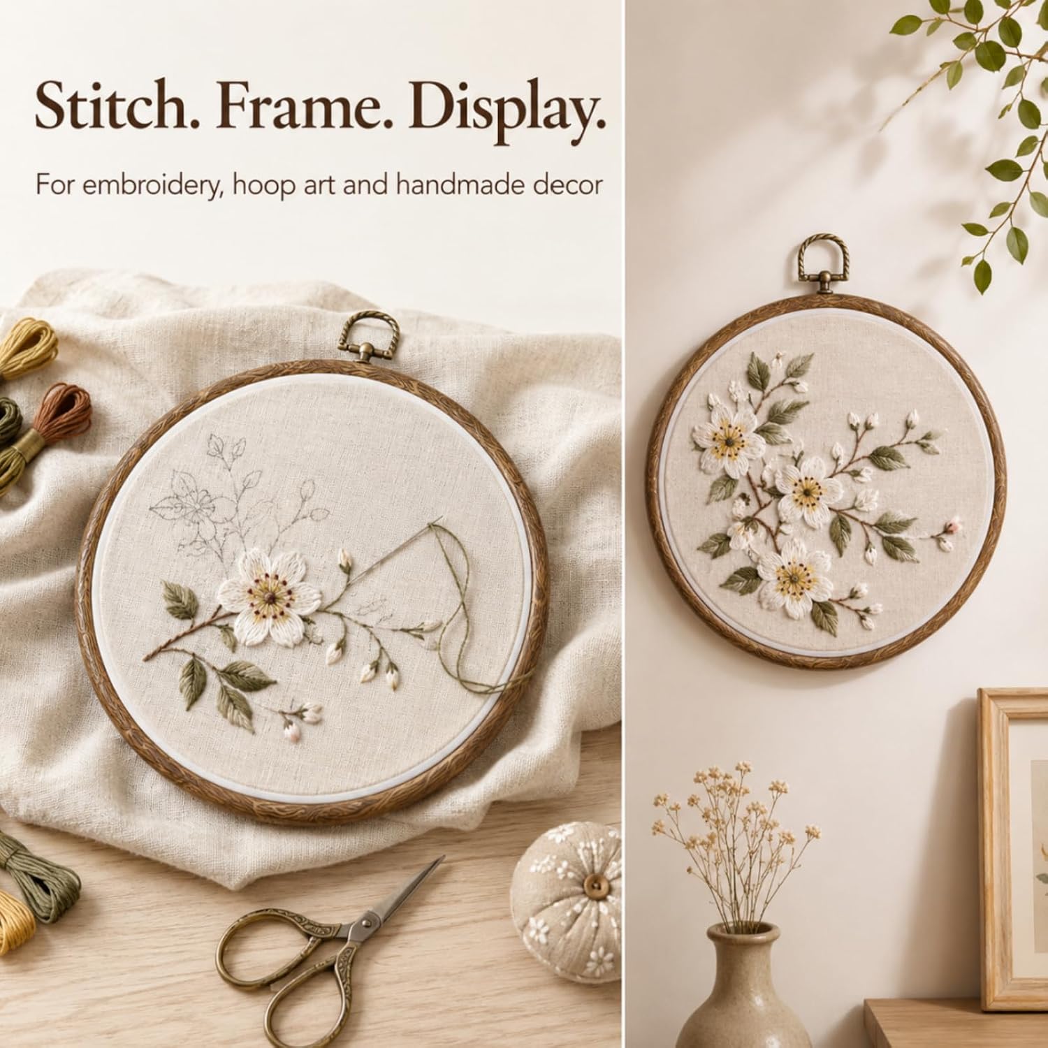 Embroidery Hoops 8 Inch Cross Stitch Hoop Faux Wood Round Frame 5 Pack | 8 inch faux wood round embroidery hoops 5 pack with double ring fabric hold for cross stitch and wall display