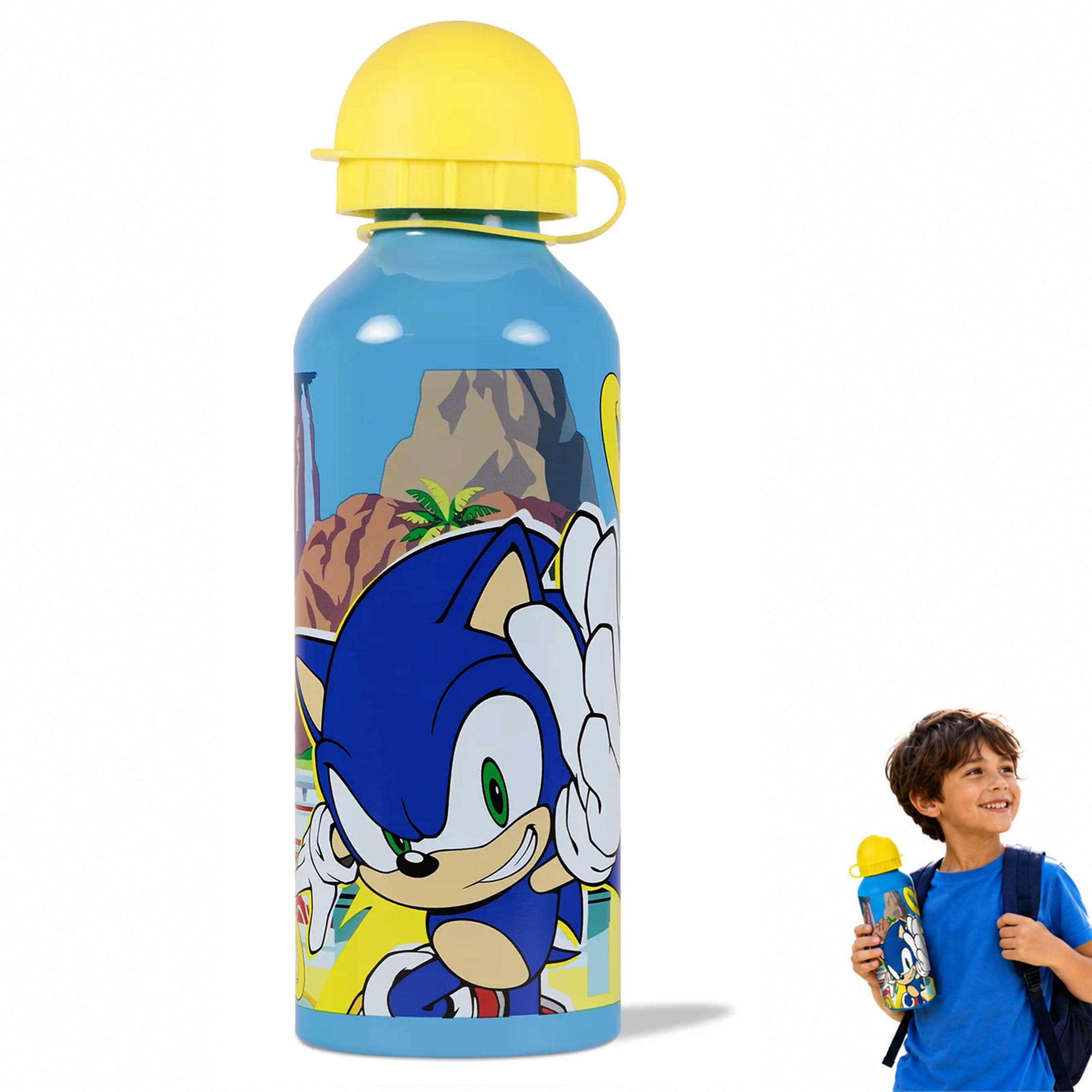 HOVUK Sonic Character Kids Water Bottle for School- 500ml| Leakproof Aluminum Yellow Drink Water Bottle- 21cm| BPA Free Cute Bottle for Kids Boys 3+Years