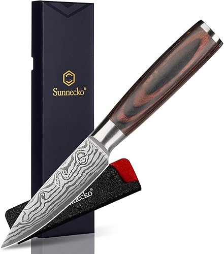 Sunnecko Cuchillo de cocina pequeño de 3.5 pulgadas, cuchillo de pelar de acero inoxidable de alto carbono con mango de madera, cuchillo afilado
