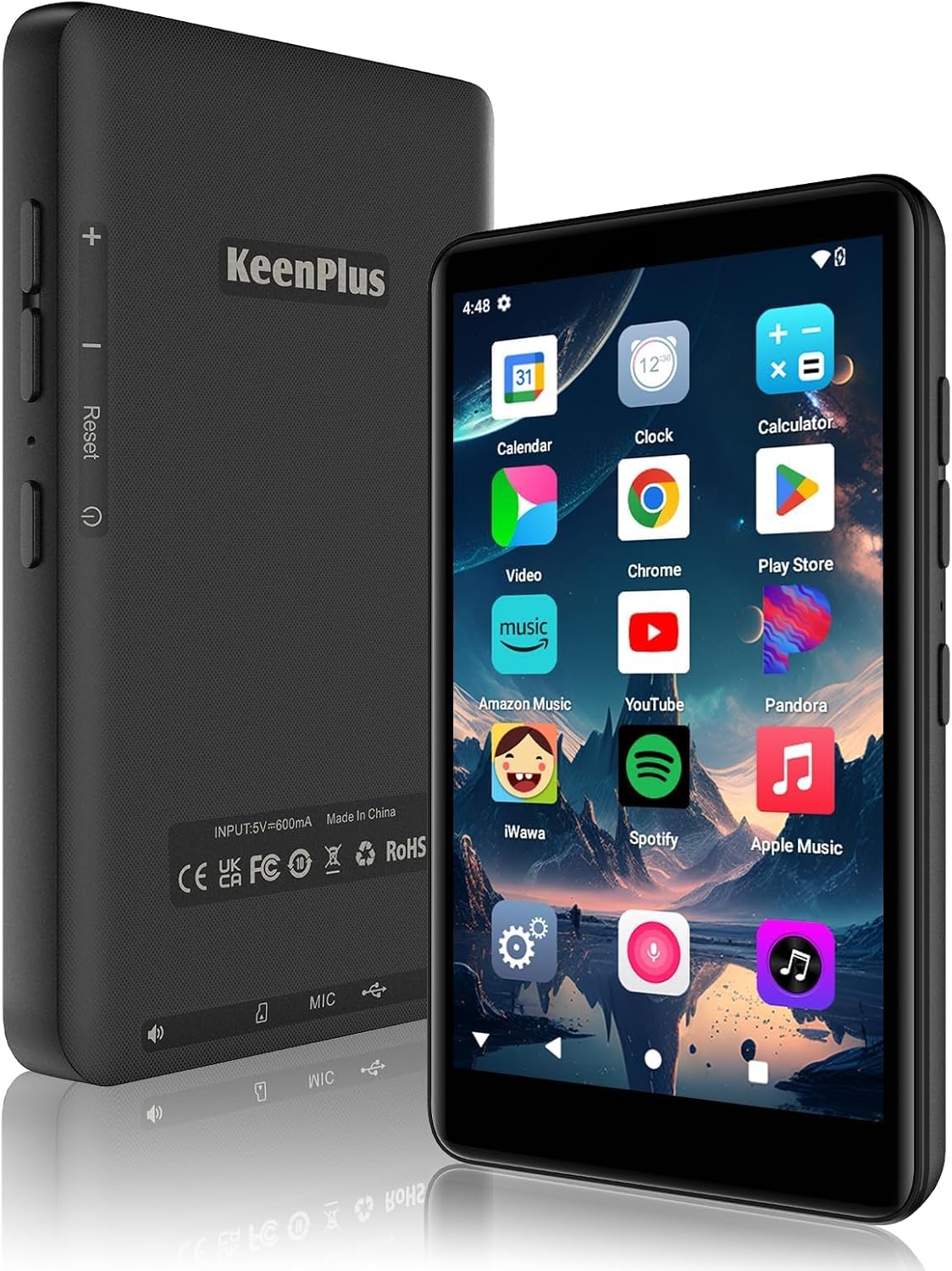 KeenPlus RAM-3G-144G MP3/MP4 Player showing its front screen with app icons and its textured back with brand logo and ports.